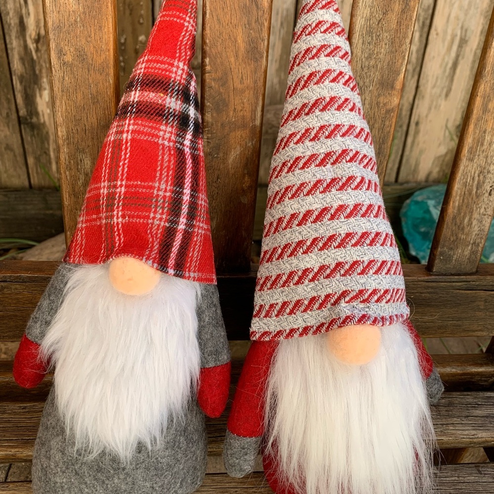 Pair of Christmas Faceless Gnomes Santa weighted plush with plaid & striped hats